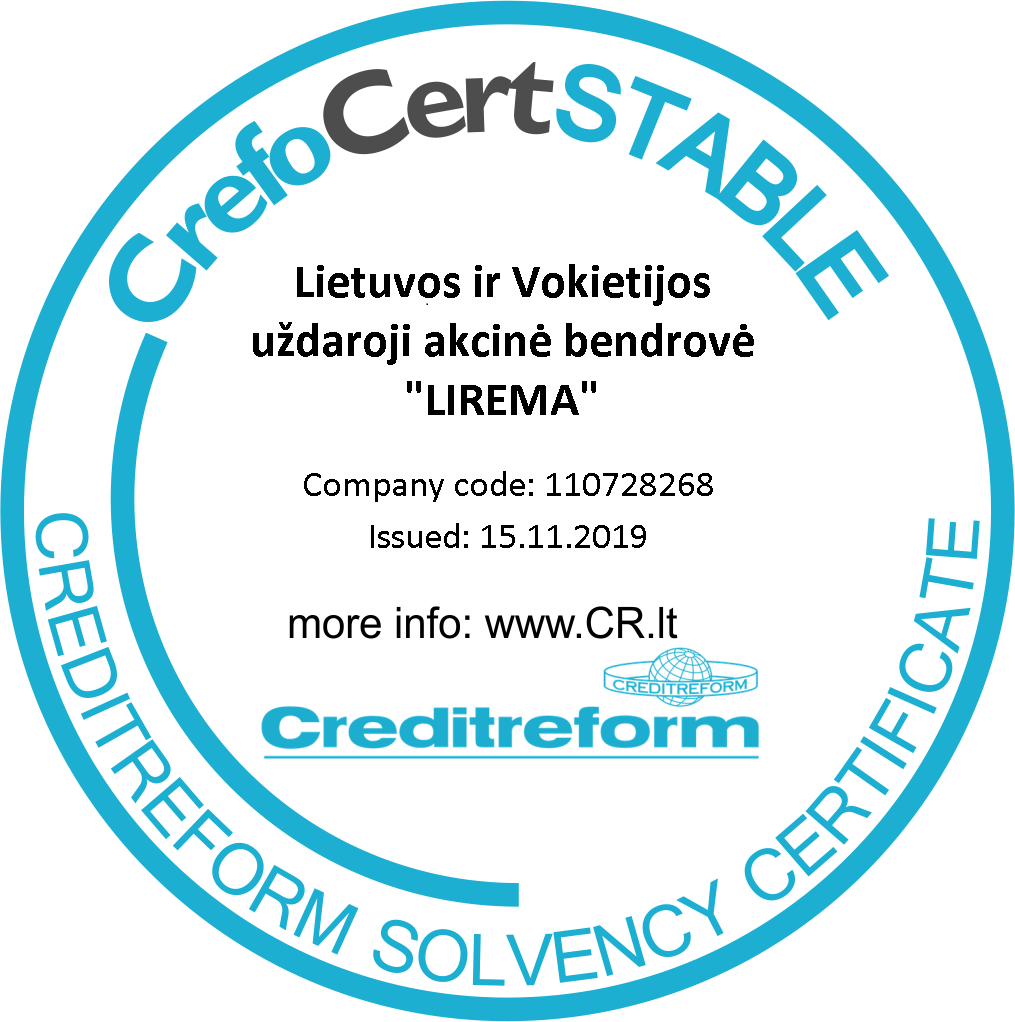 Ltd Creditreform Lithuania certificate and CrefoCertSTABILUS - the sign that shows financial responsibility and reliability
